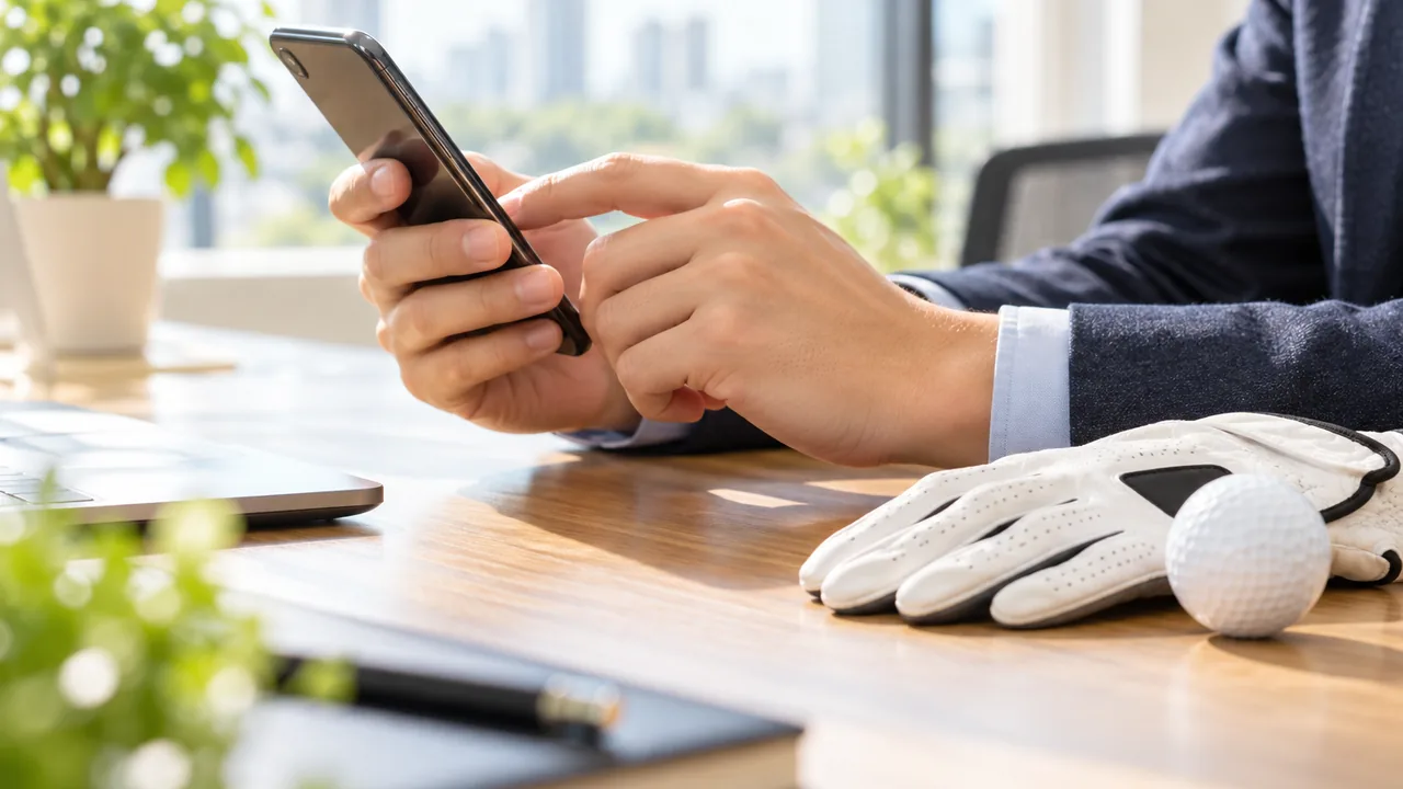 ゴルフのグローブとボールの横でスマートフォンを操作する手元