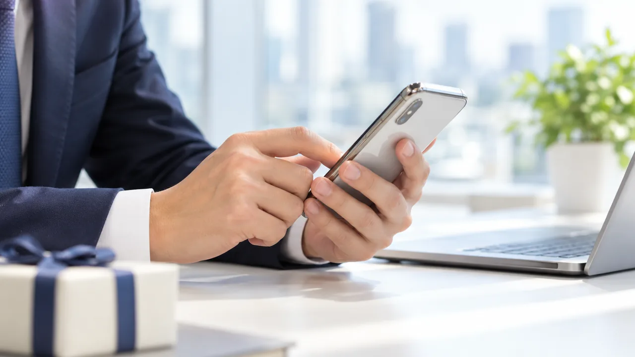 オフィスのデスクでスマートフォンを操作する社員の手元
