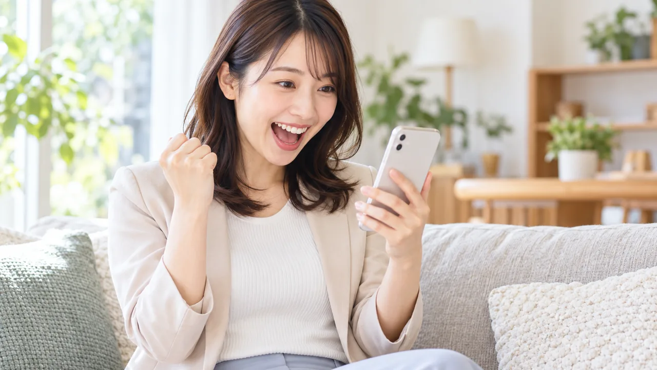 自宅のソファでスマートフォンを見て喜ぶ女性