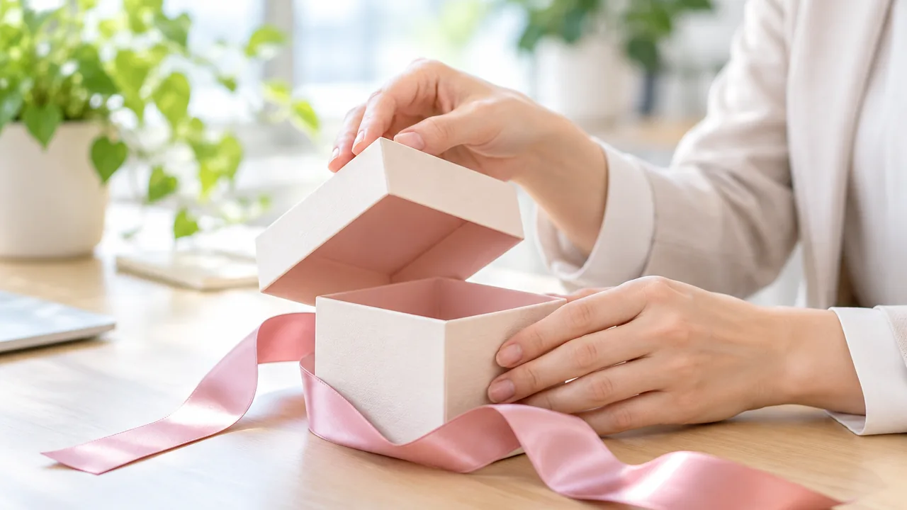 リボンをほどいたギフトの箱を開ける手元